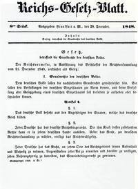 Erste Seite des Reichsgesetzblatt mit der Verkündung der Grundrechte des deutschen Volkes